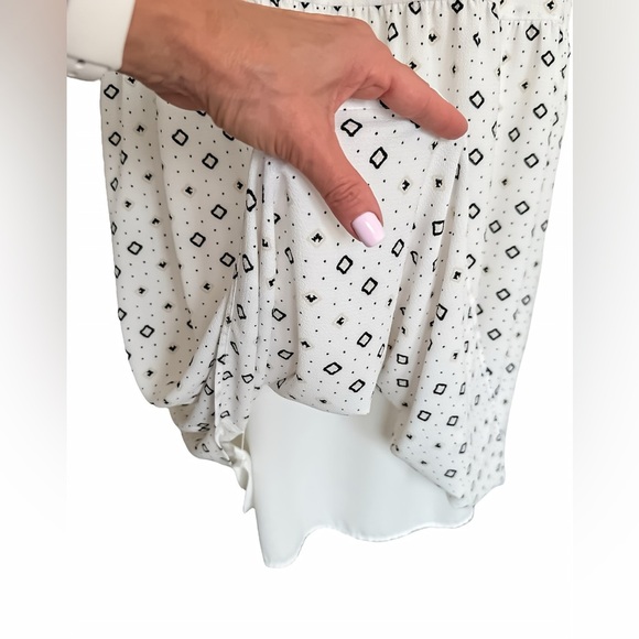 NWOT LOFT Puff Sleeve Babydoll Swing Dress Size 14 White Black Geo Print Lined - Picture 5 of 12
